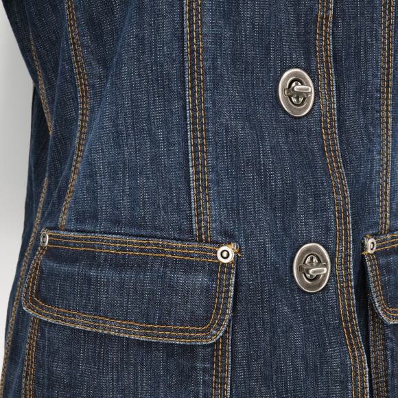 Chicos Denim Jacket 0 Womens Small Blue Military Stretch Cotton Pockets Toggles - Picture 13 of 16